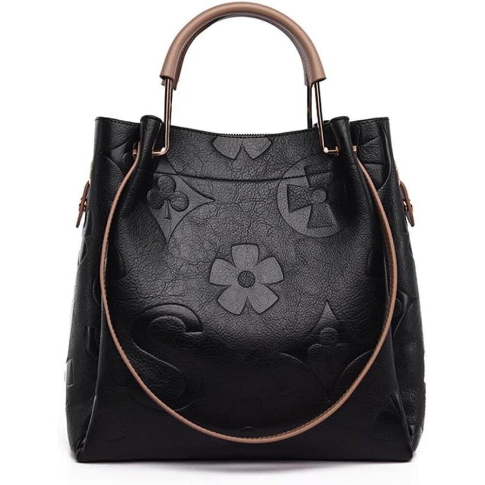 Women’s Faux Leather Bucket Bag Floral Embossed Tote Multiple Ways